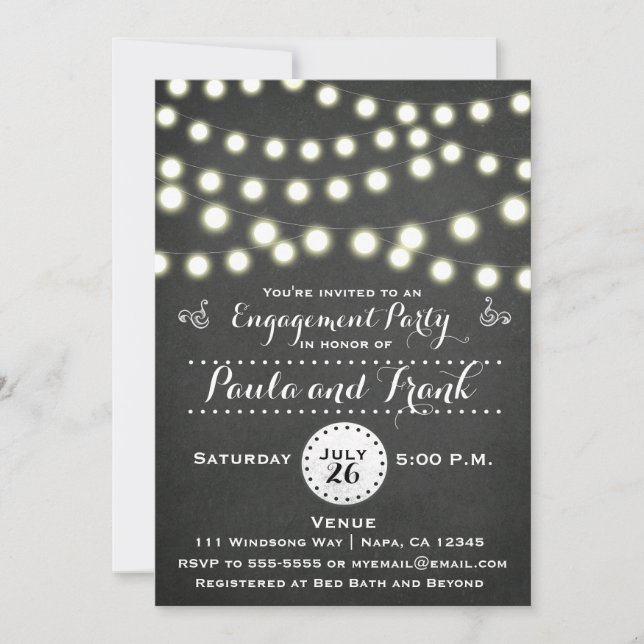 Convite Qualquer evento Chalkboard String Luzes Noivado (Frente)