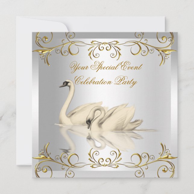 Convite Qualquer Evento Cisnes Dourado Branco Elegante Fes (Frente)