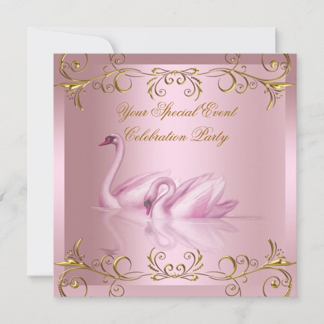 Convite Qualquer Evento Cisnes Dourado Rosa Elegante Festa (Frente)