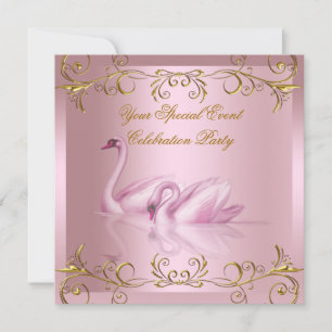 Convite Qualquer Evento Cisnes Dourado Rosa Elegante Festa