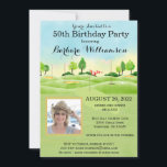 Convite Qualquer Festa de Golfe de Foto Festa de aniversár<br><div class="desc">Este Convite de aniversário festivo e colorido tem um tema Golfe e é perfeito para um Golfe. Ele apresenta um carrinho de golfe com Golf Clubs em um Curso de Golfe, muito para personalizar para se adequar ao seu evento, assim como a uma foto. Nós temos todos os ingredientes para...</div>