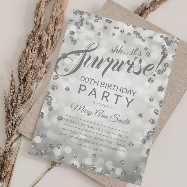 Convite Qualquer Festa Surpresa de Idade | Silver Glitter  (Any Age Surprise Party | Silver Glitter Confetti Invitation)