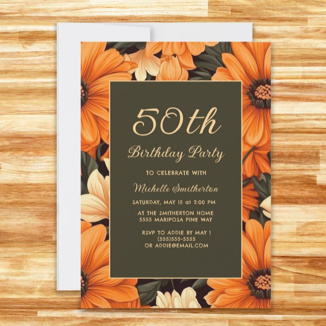 Convite Qualquer Flor Laranja De Idade Castanho 50º Aniver (Orange flowers on brown 50th birthday party invitation)