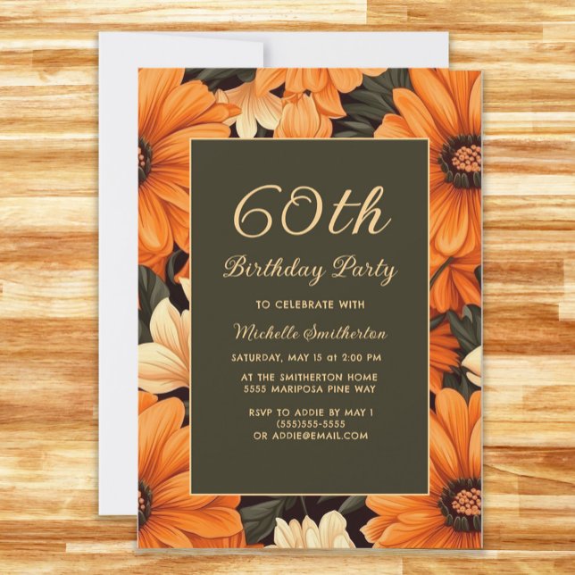Convite Qualquer Flor Laranja De Idade Castanho 60º Aniver (Orange flowers on brown 60th birthday party invitation)