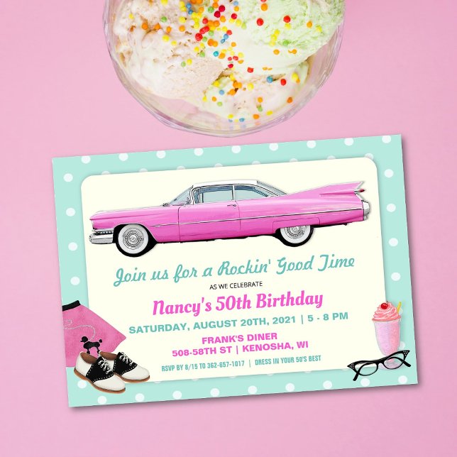 Convite QUALQUER IDADE - Aniversário de Cadillac Rosa Retr (Criador carregado)