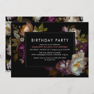 Convite Qualquer Idade   Aniversário Floral Moody Black Mo