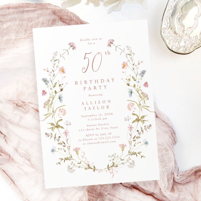 Convite Qualquer Idade, Rosa, Flor Selvagem Rosa, 50º Aniv (Any Age Dusty Pink Wildflower Boho 50th Birthday Invitation)