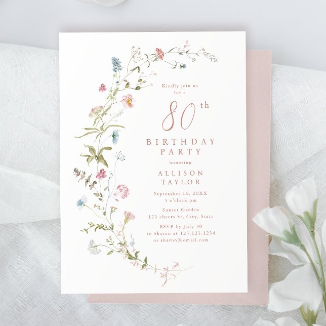 Convite Qualquer Idade, Rosa Rosa, 80 de Flor Selvagem, An (Any Age Dusty Pink Wildflower Boho 80th Birthday Invitation)