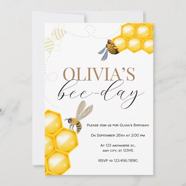 Convite Qualquer idade, tema de abelha menina aniversário (Frente)