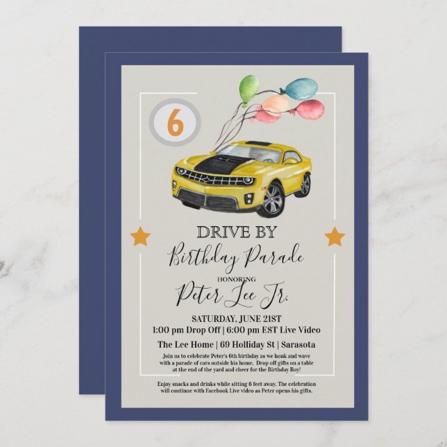 Convite QUALQUER IDADE - Unidade por Festa de aniversário  (Frente/Verso)