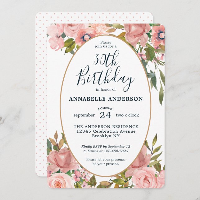 Convite Qualquer Noivado Dourado, Rosa Floral Elegante (Frente/Verso)