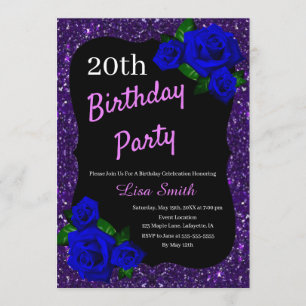 Convite Qualquer Rosa Azul Profundo com Brilho Roxo de Ani