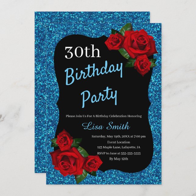 Convite Qualquer Rosa vermelha Azul De Aniversário De Idad (Frente/Verso)
