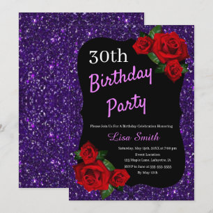 Convite Qualquer Rosa vermelha Roxo de Aniversário