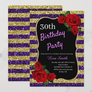 Convite Qualquer Rosa vermelha Roxo E Dourada De Aniversár