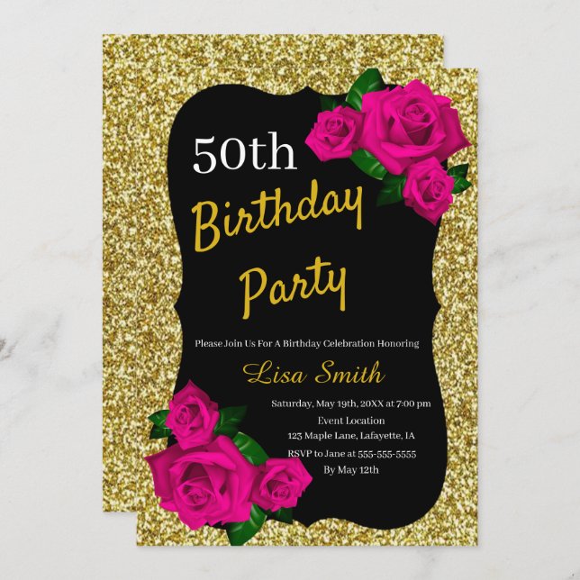 Convite Qualquer Rosas Rosa Rosa Rosa Dourada de Aniversár (Frente/Verso)