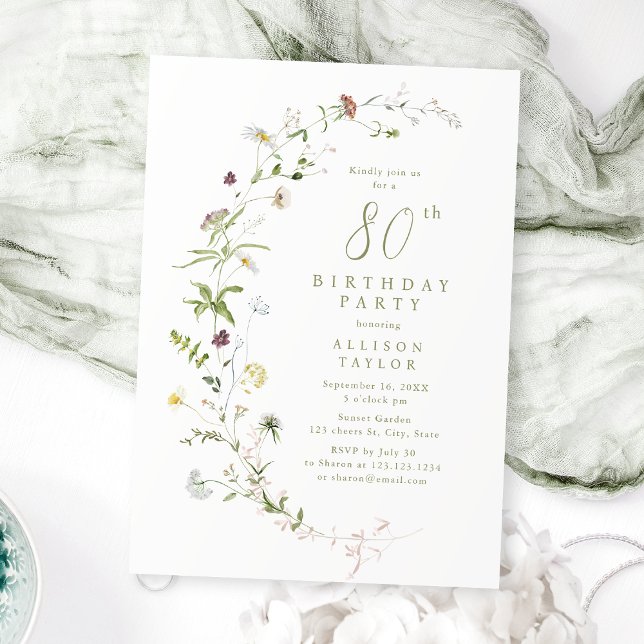 Convite Qualquer sábio Rustic Boho 80 Aniversário Rustic B (Any Age Sage Wildflower Rustic Boho 80th Birthday Invitation)