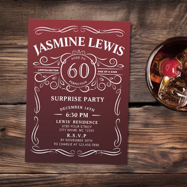 Convite Qualquer uísque burgundy de idade surpreende 60 an (Any Age burgundy whiskey surprise 60th birthday Invitation)