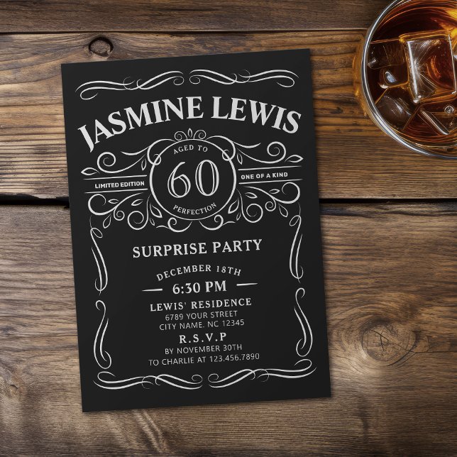 Convite Qualquer Whiskey de idade temia surpresa 60 anos (Any Age Whiskey themed surprise 60th birthday Invitation)