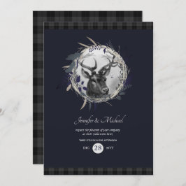 Convite QUALQUER - Xadrez Azul Cinza com Veado de 