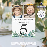 Convite Quando Éramos Foto Eucalyptus Mesa # Sinal<br><div class="desc">Sinal de recepção de casamento botânica moderno com eucalipto verde e duas fotos. É divertido ter fotos da mesma idade no mesmo letreiro sob o título QUANDO ÉRAMOS # e fotos diferentes em cada mesa que os convidados se misturam. Duplicado em ambos os lados para visualização dupla. MUDANÇAS: o estilo...</div>