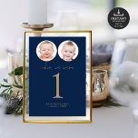 Convite Quando Éramos Idade Fotos Mesa De Casamento Sem Ma<br><div class="desc">Quando Tínhamos Idade Fotos De Casamento Dourado Marinho Carta De Número Da Tabela De Script Azul. Disponível digitalmente e impresso. Um design minimalista com "Quando estávamos" em um script de estilo de escrita manual definido e o número da sua tabela abaixo. Personalize facilmente o número, substitua as imagens de amostra...</div>