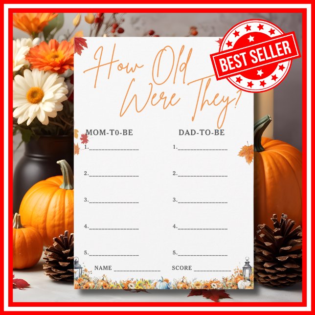 Convite QUANTOS ANOS ELES TINHAM O Jogo do Chá de fraldas  (HOW OLD WERE THEY Easy Baby Shower Game A Little Pumpkin is on the Way Fall Autumn Theme )