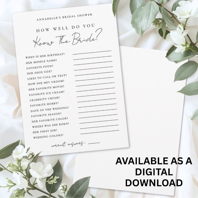 Convite Quão Bem Você Conhece a Noiva Jogo para Chá de Noi (How Well Do You Know The Bride Bridal Shower Game Invitation)