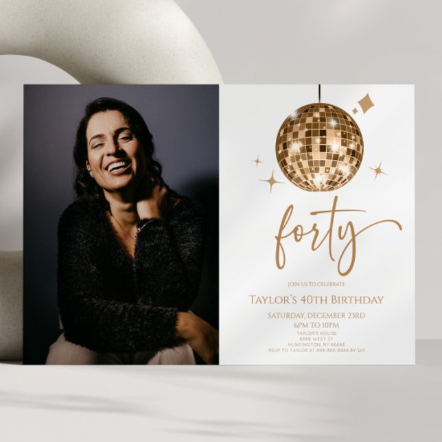 Convite Quarenta Bola de Discoteca Dourada Foto Aniversári (Criador carregado)