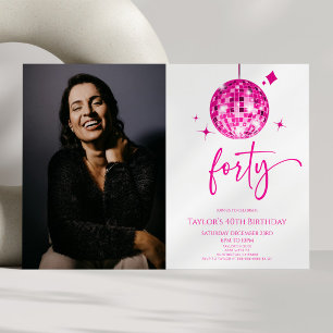 Convite Quarenta Bola de Discoteca Rosa Foto Aniversário d