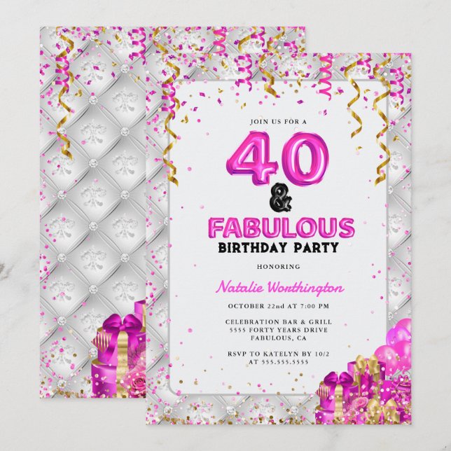 Convite Quarenta e fabulosa aniversário de 40 anos cor-de- (Frente/Verso)