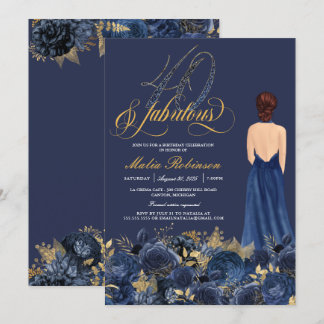 Convite Quarenta e fabulosa Noite Formal Azul e Dourado Ad