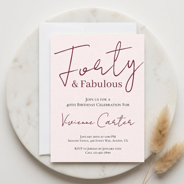 Convite Quarenta e Fabuloso Rosa Corado 40º Aniversário (Forty and Fabulous Blush Pink 40th Birthday Party Invitation)