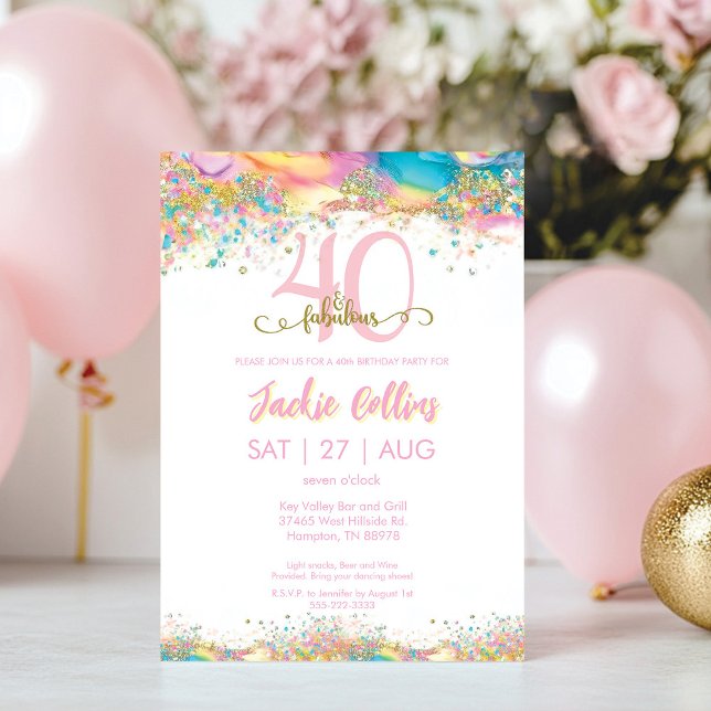 Convite Quarenta e Festa de aniversário fabulosa (Forty and Fabulous Rainbow and Gold 40th Birthday Invitation)