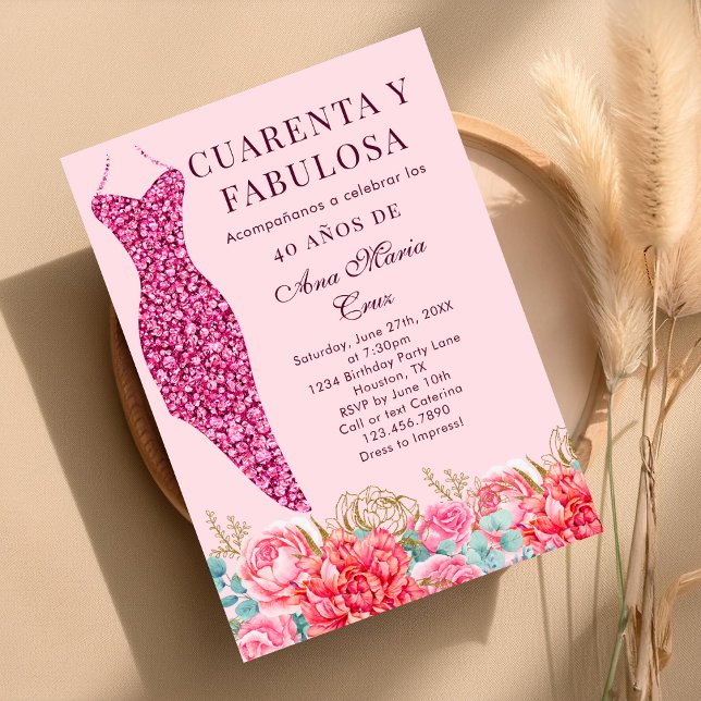 Convite Quarenta & Fabuloso Flores Rosa Espanhol Aniversár (Criador carregado)