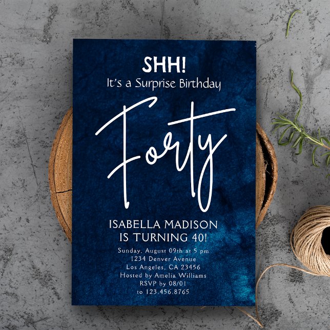 Convite Quarenta | Marinho Blue aniversário de 40 anos Sur (Forty | Navy Blue 40th Birthday Surprise Party Invitation
)