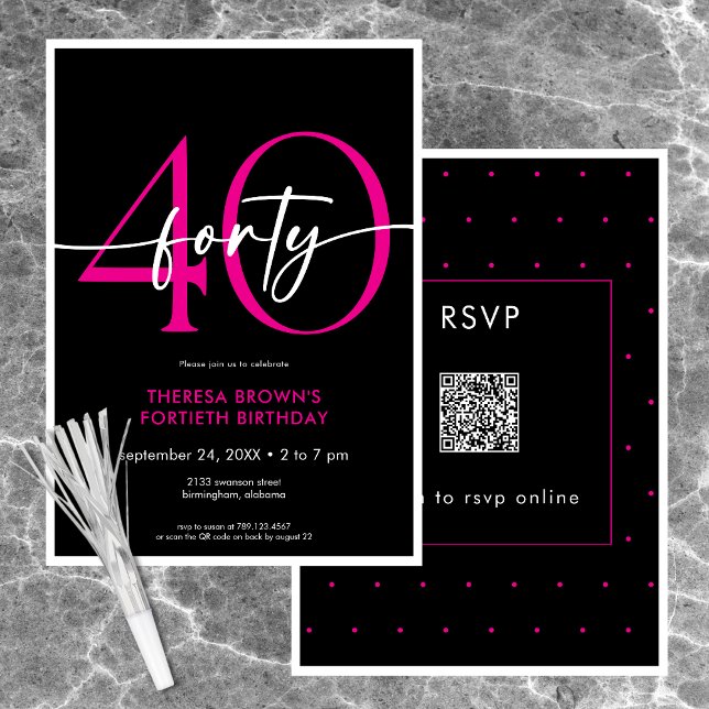 Convite Quarenta Script Mínimo Rosa Moderno - QR de Aniver (Modern Minimal Pink Forty Script Birthday QR Invitation)