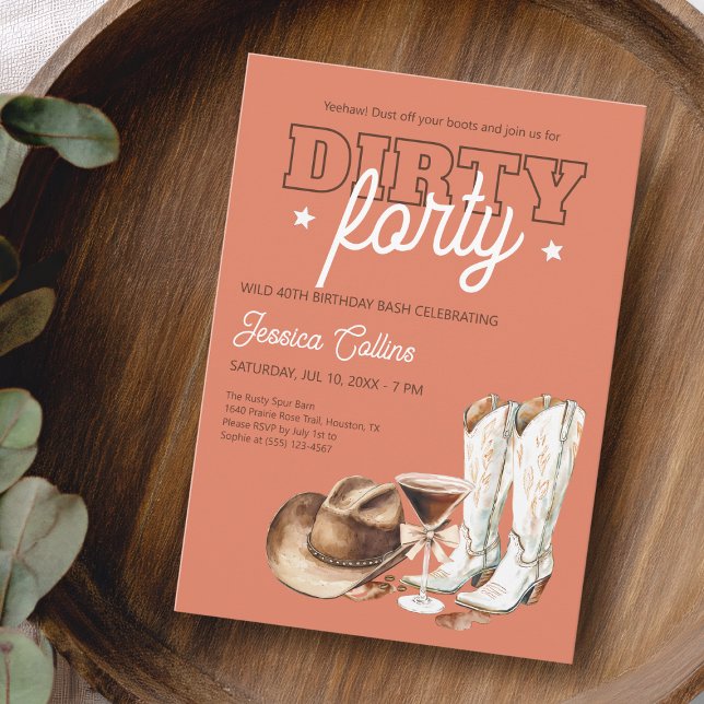 Convite Quarenta Sujos Ocidentais Terracota Aniversário de (Dirty Forty Western Terracotta 40th Birthday Party Invitation)