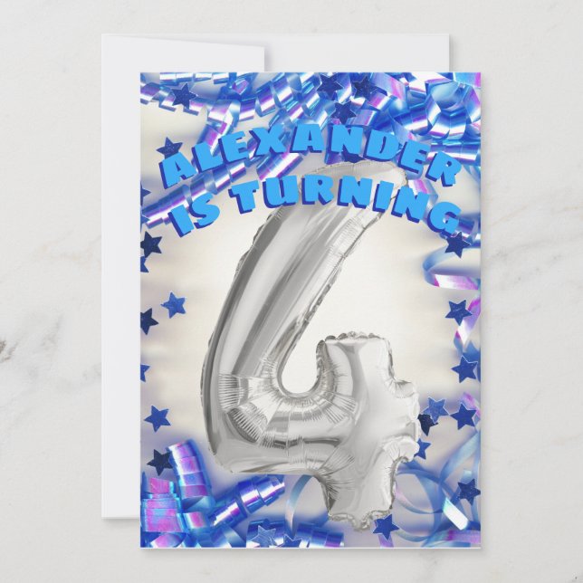 Convite Quarta Festa de Prata de Aniversário e Azul com 4  (Frente)