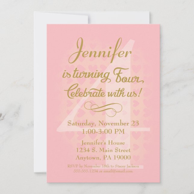 Convite Quarto Aniversário Convidar Meninas Rosa Dourado C (Frente)