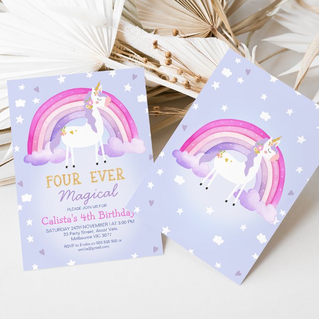 Convite Quarto aniversário de 4 anos, 4 vezes mágicos, cor (Four Ever Magical 4th Birthday Invitation Template Purple, Rainbow Unicorn 4th Birthday Invitation )