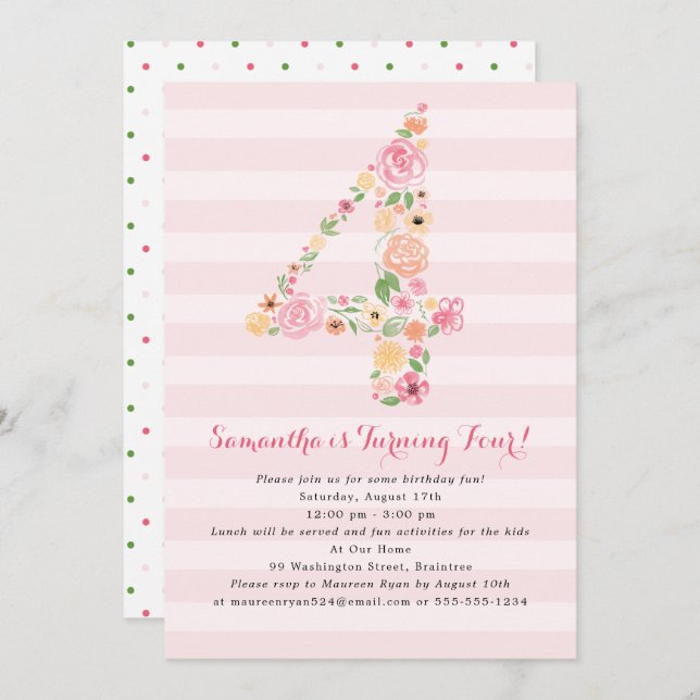 Convite Quarto Aniversário - Florestas de Cor de Água Rosa (Frente/Verso)