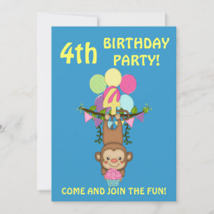 Convite Quarto Aniversário - Macaco Bonito+Balões Colori