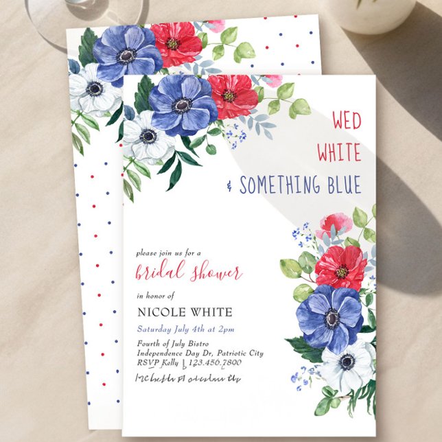 Convite Quarto de julho Wed White Algo Azul Chá de panela (Red White & Something Blue Fourth of July Bridal Shower Invitation by Darling & May)
