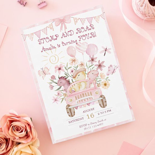 Convite Quarto Dia de Aniversário do Dinossauro Rosa (Criador carregado)