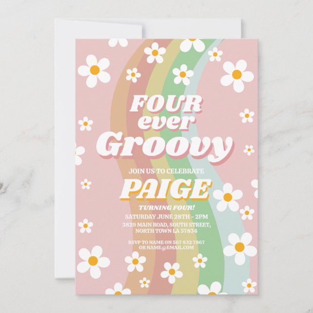 Convite Quarto sempre Groovy 4th Forever Pink Girl Retro a (Frente)