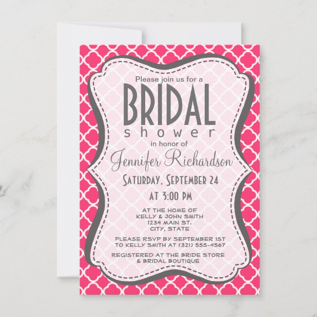 Convite Quatrefoil de Marrocos rosa quente (Frente)