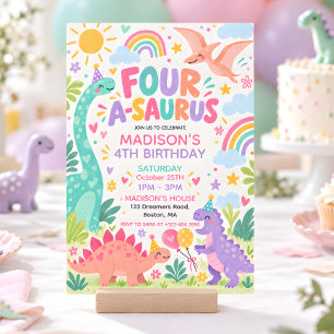 Convite Quatro A Saurus Pastel Dinossauro 4º Aniversário