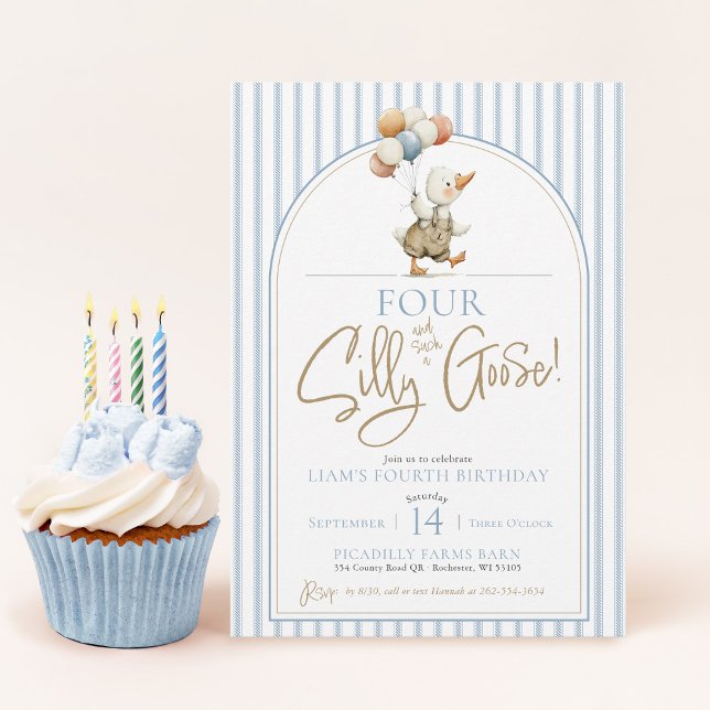 Convite Quatro Bobos Ganhos Bonitos Pinstripe Garoto 4º An (FOUR Silly Goose cute modern arch whimsical ticking pinstripe boy 4th birthday party invitation)