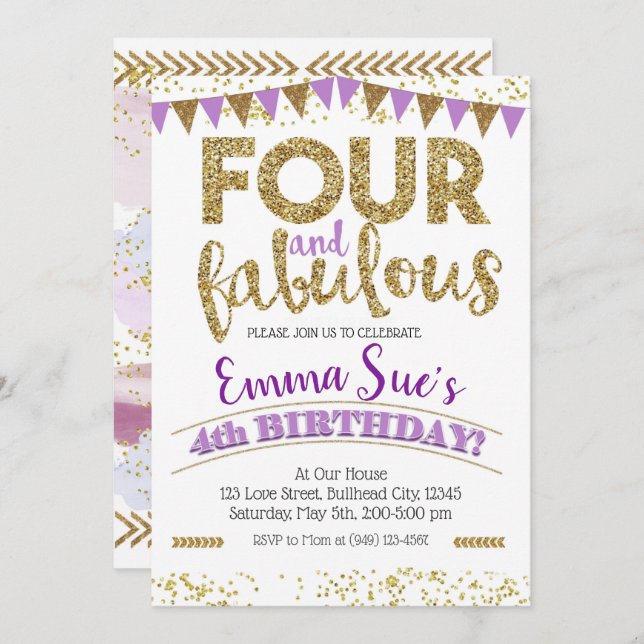 Convite Quatro e Fabulosas Raparigas Roxo 4º Aniversário (Frente/Verso)